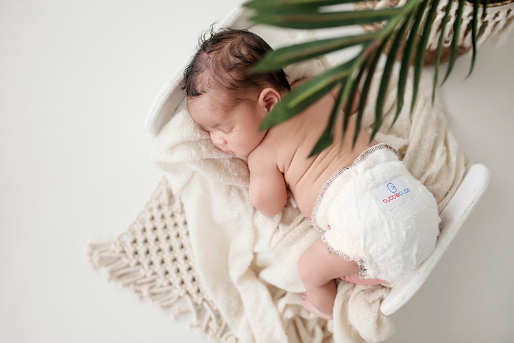 newborn baby sleeping under a palm tree waring a Bambam cloth nappy by Bubblebubs