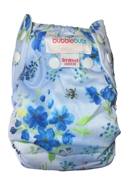 blue flowers and bee on back of candie cloth nappy