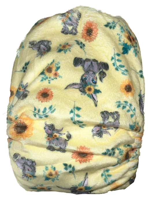 Candie cloth nappy donkey pattern frount. yellow backfround with donkey and flowers Bubblebubs 