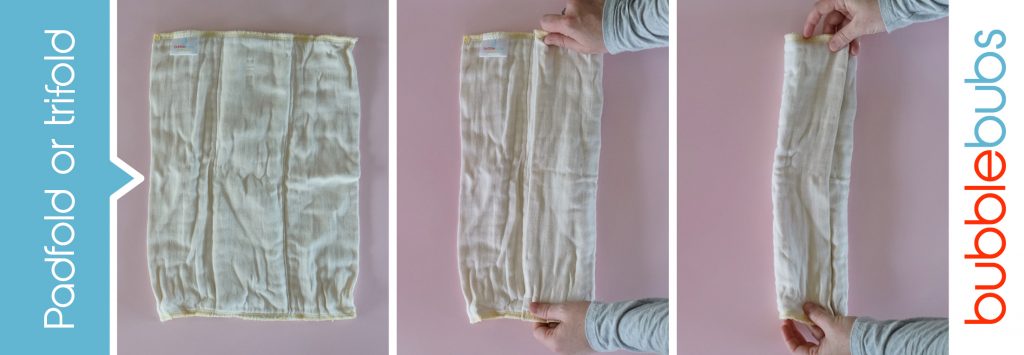 Steps to fold a prefold cloth nappy into a padfold or trifold.