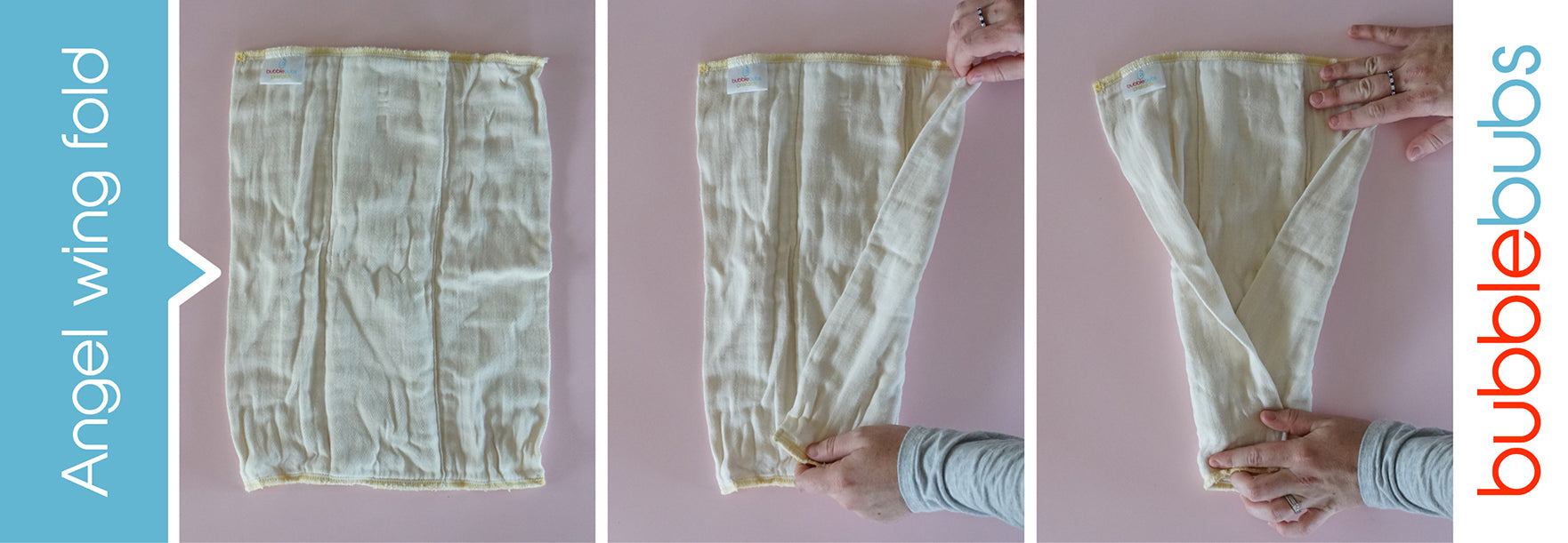 Steps to fold a prefold cloth nappy into an angel wing fold.