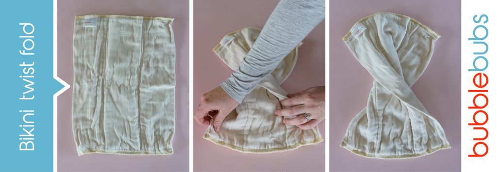 Steps to fold a prefold cloth nappy into a bikini twist.