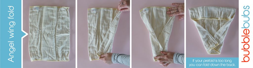 Steps to fold a prefold cloth nappy into an angel wing fold.