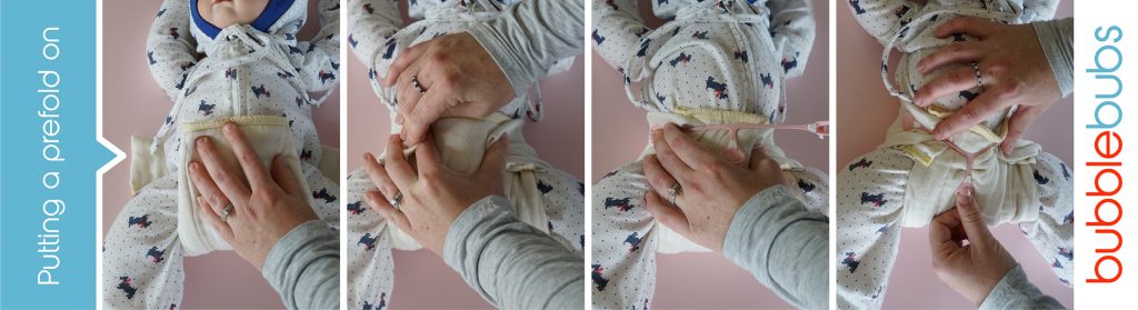 Steps to put a prefold cloth nappy onto a baby.