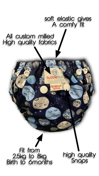 graphic showing the features of the popeep newborn cloth nappy by Bubblebubs