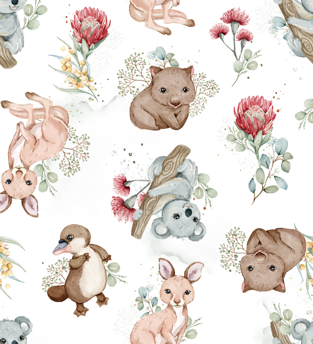 Anne pattern used on Candie cloth nappy. australian animals on a white background with flowers