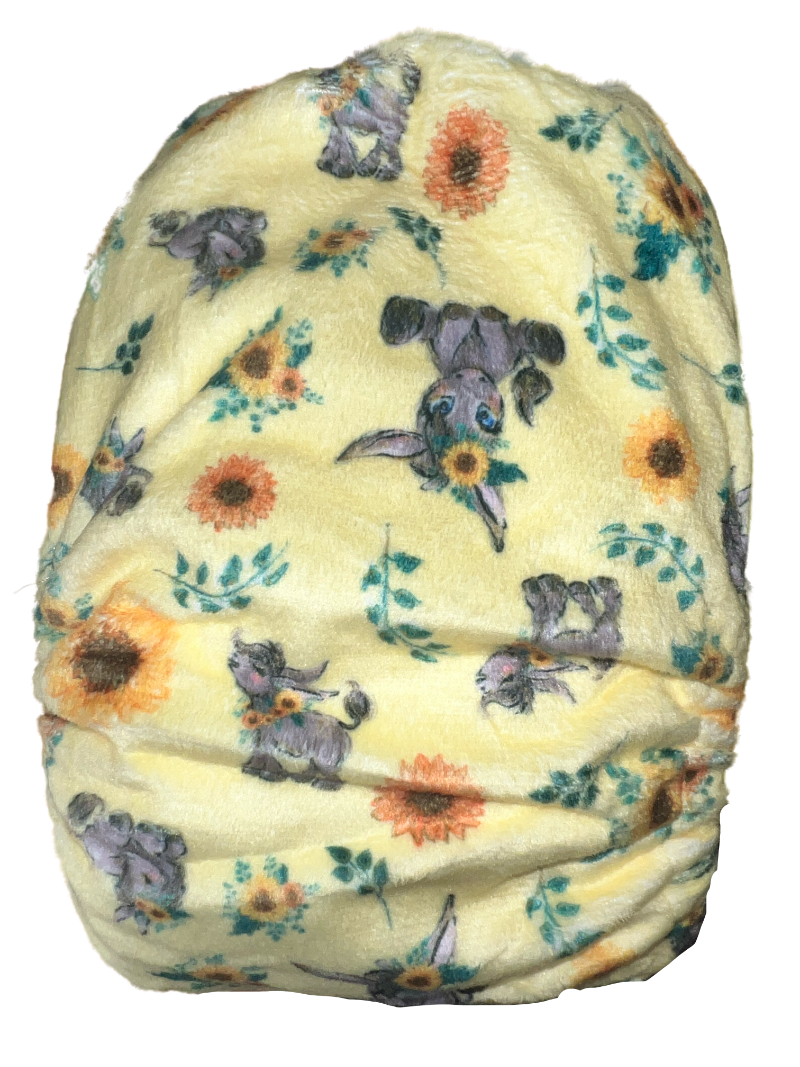 Candie cloth nappy donkey pattern frount. yellow backfround with donkey and flowers Bubblebubs 