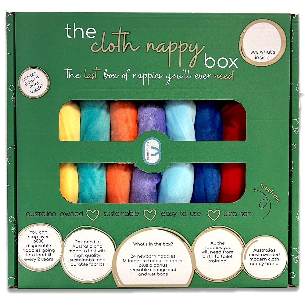 The Cloth Nappy Box has all the cloth nappies you need from birth to toilet training for more than one baby this is the front of the cloth nappy box