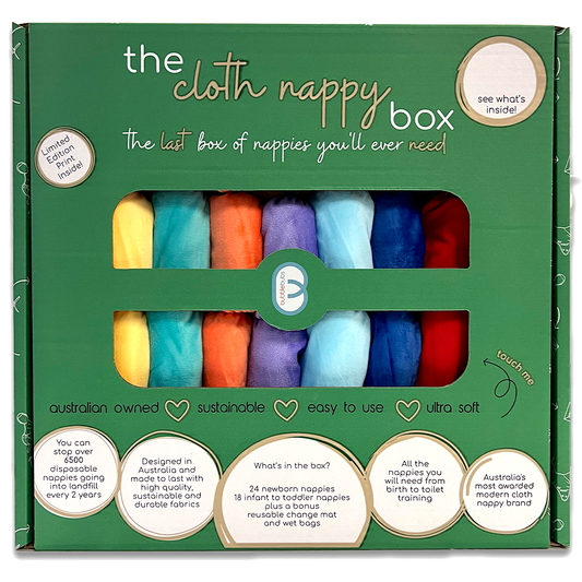 The Cloth Nappy Box has all the cloth nappies you need from birth to toilet training for more than one baby this is the front of the cloth nappy box